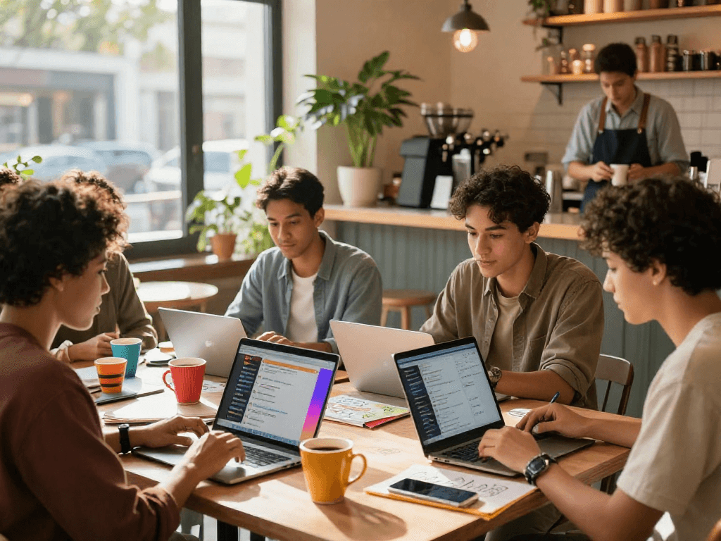 Spicychat users collaborating at a café, laptops and coffee present.