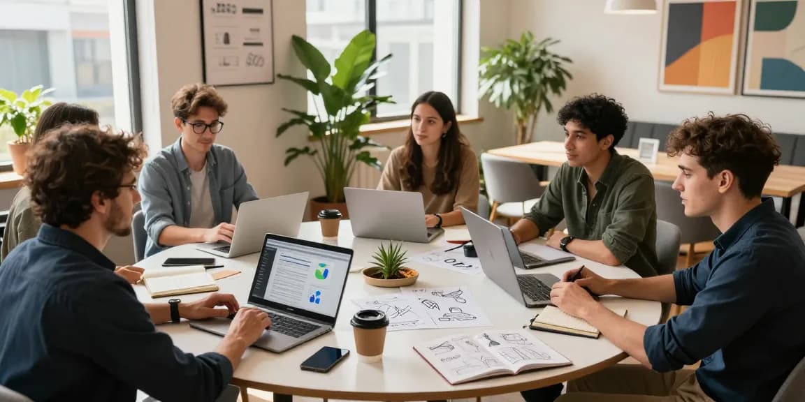 Engaged startups founders collaborating in a modern workspace.