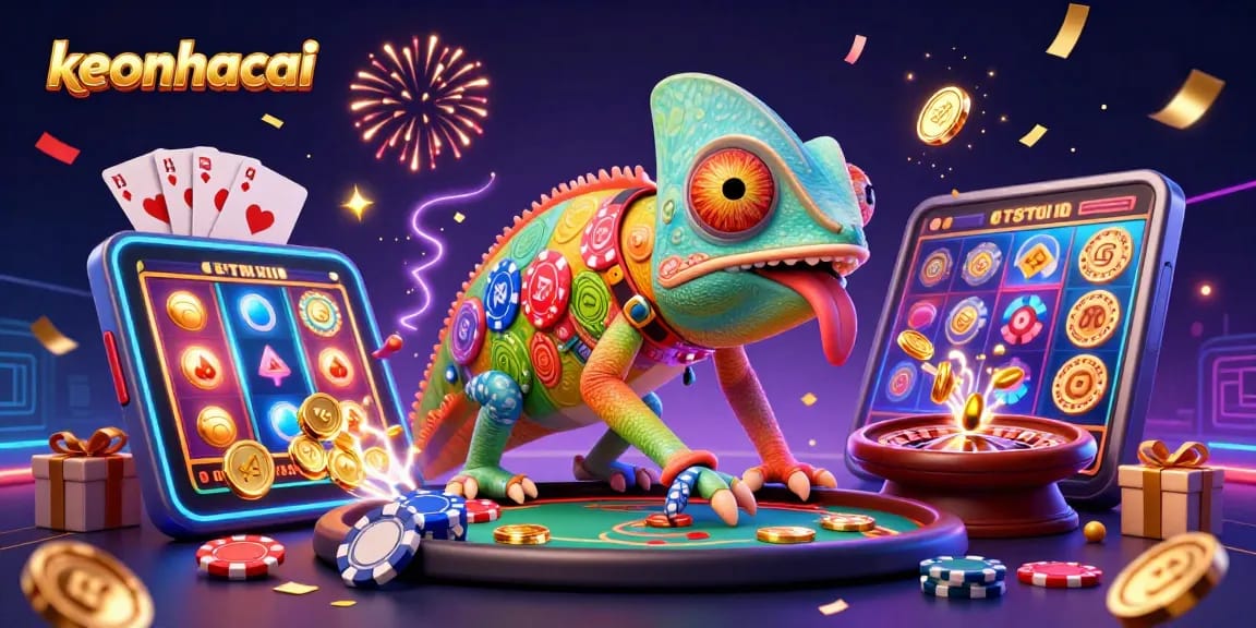 Engage in thrilling gaming with keonhacai featuring a colorful chameleon casino owner.