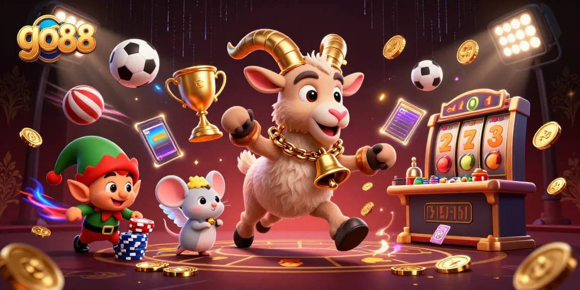 Engage with go 88 in a thrilling casino scene featuring festive Krampus, angelic mouse, and mischievous gremlins