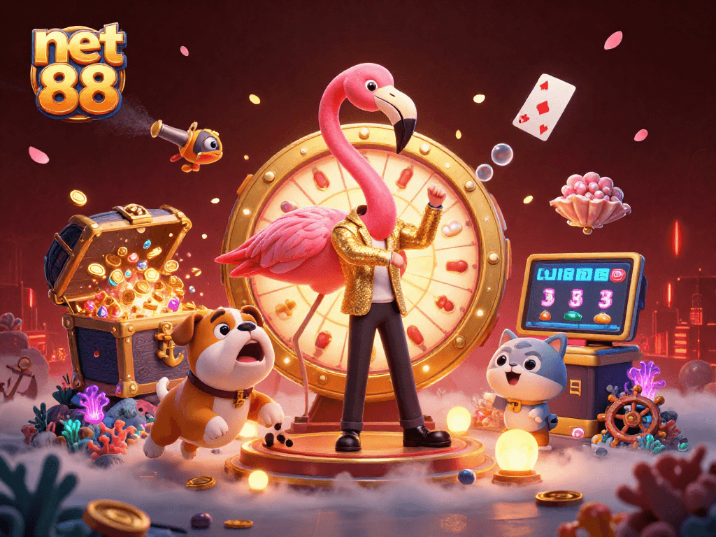 Win big with net 88 in this vibrant casino scene featuring a flamingo game show host.