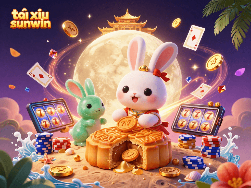 Experience the vibrant world of tài xỉu sunwin featuring a moon rabbit and dynamic casino elements.