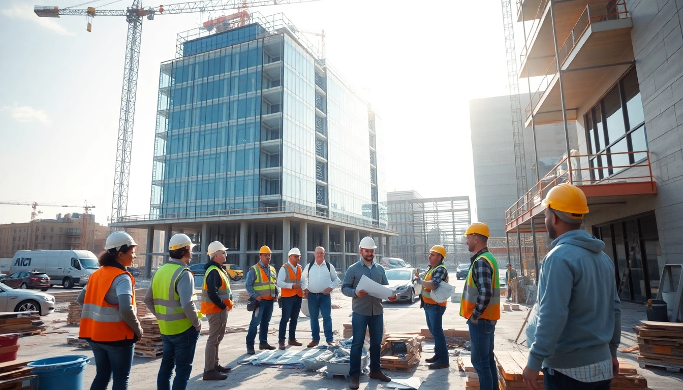 New York Commercial General Contractor overseeing a construction project with diverse team members.