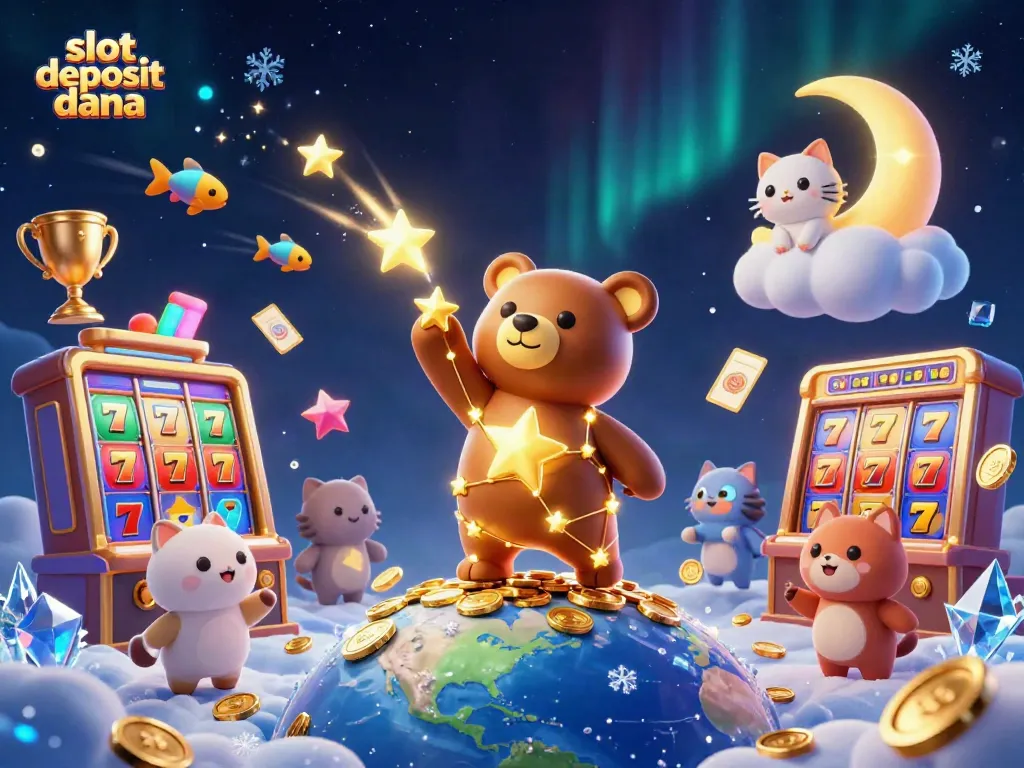 Engage with the slot deposit dana experience as a stellar bear collects coins amidst vibrant slot elements.