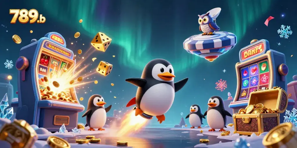 Experience the thrilling world of 789b with a golden penguin racing toward a jackpot explosion in a cosmic casino.