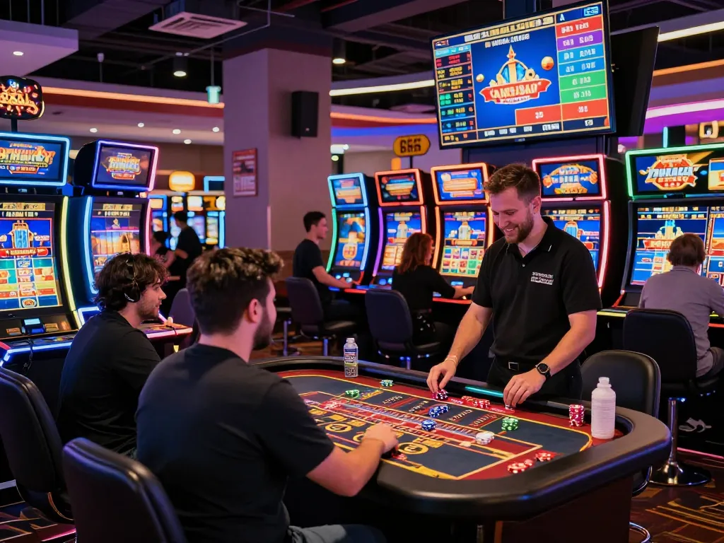 Players enjoying the nk88 digital casino gaming experience with vibrant lights and engaging activities.