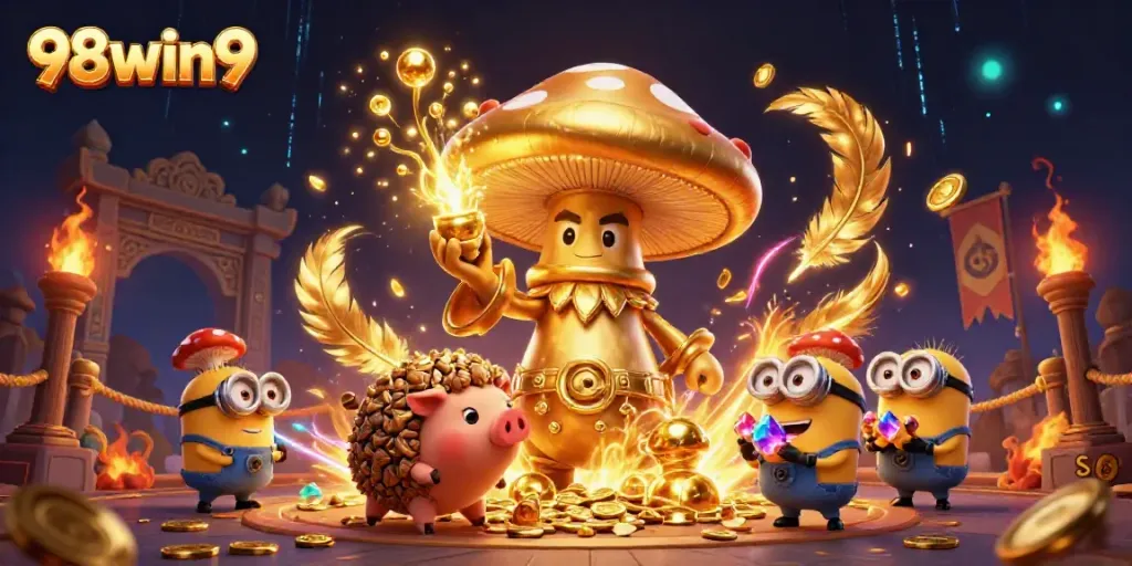 Experience the thrill of 98win9 with a magical casino adventure featuring a gold wizard, treasure, and vibrant characters.