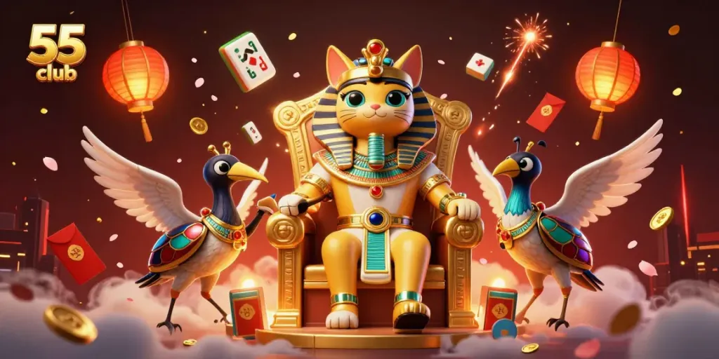 Engage in exciting games at 55 club with an energetic 3D illustration featuring a pharaoh cat and gaming elements.