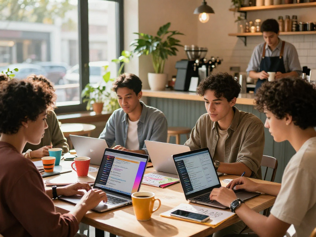 Spicychat users collaborating at a café, laptops and coffee present.