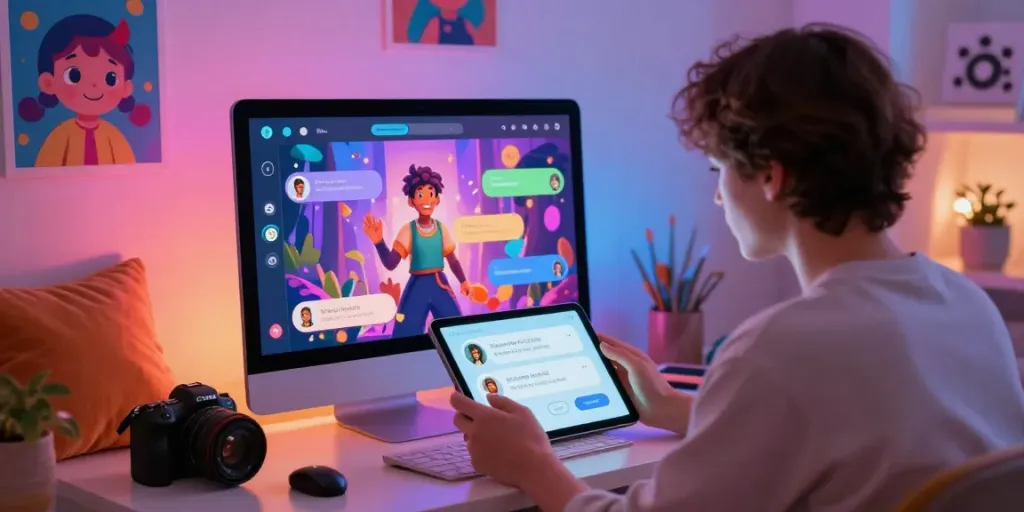 Engaging AI chat porn interaction displayed on a cozy tablet in a vibrant room.