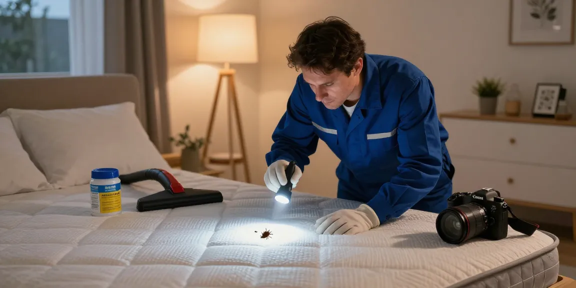 Bed bug exterminators inspecting a bedroom for signs of infestation using professional tools.