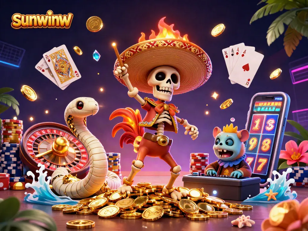 Experience excitement with sunwinw as a vibrant mariachi rooster dances amidst a treasure of coins and lights.