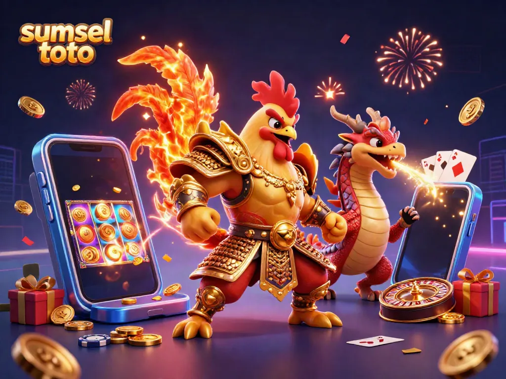 Experience thrilling wins at sumsel toto, featuring a fearless rooster warrior and dynamic casino elements.