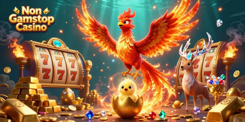 Experience the thrill of Non Gamstop Casino with vibrant characters surrounded by gold and gems in this 3D illustration.