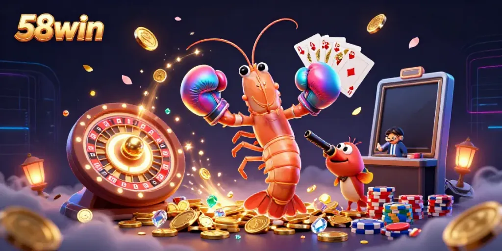 Engage in thrilling action with 58win's vibrant 3D casino scene featuring playful shrimp characters.