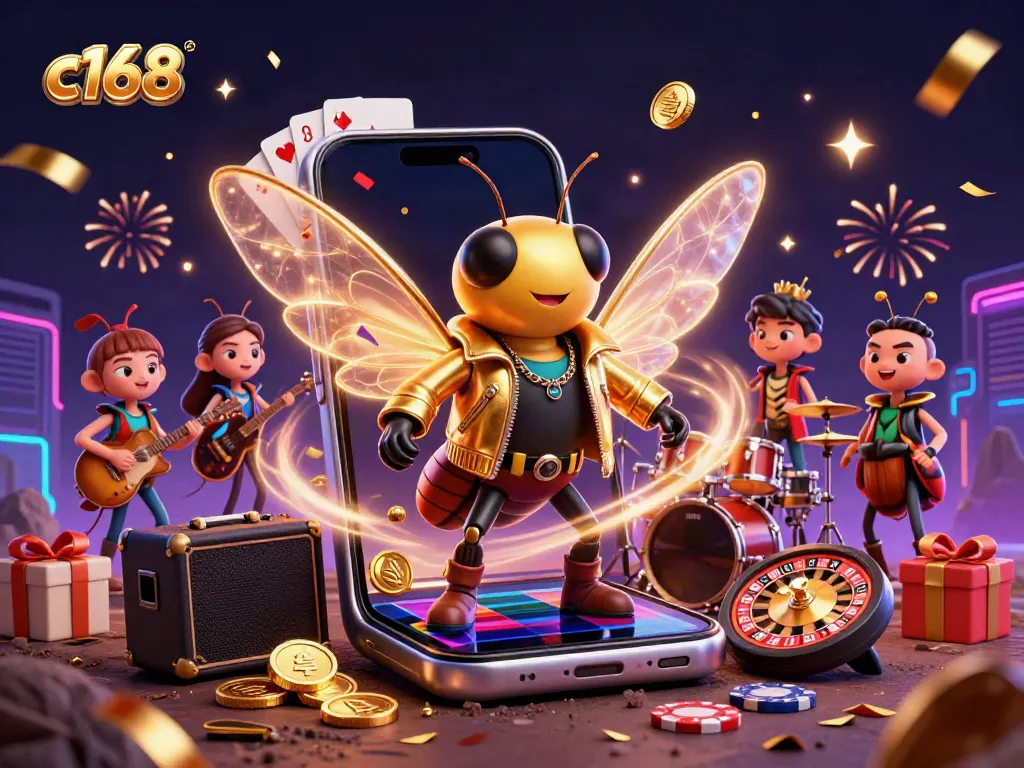 Engage with the vibrant c168 casino scene featuring a stellar cicada rock star and colorful gaming elements.