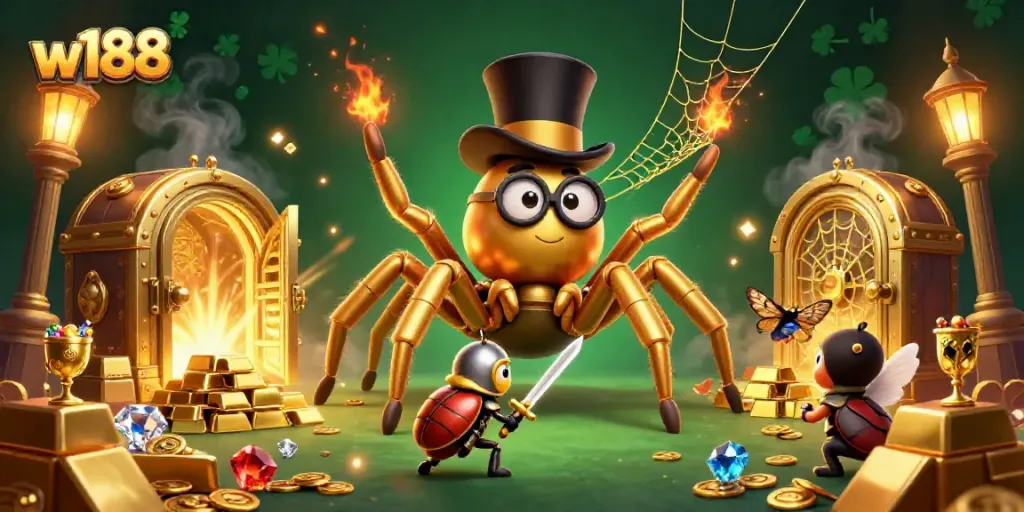 Witness the bold beetle knight confront the golden tarantula in a vibrant w188 casino setting.