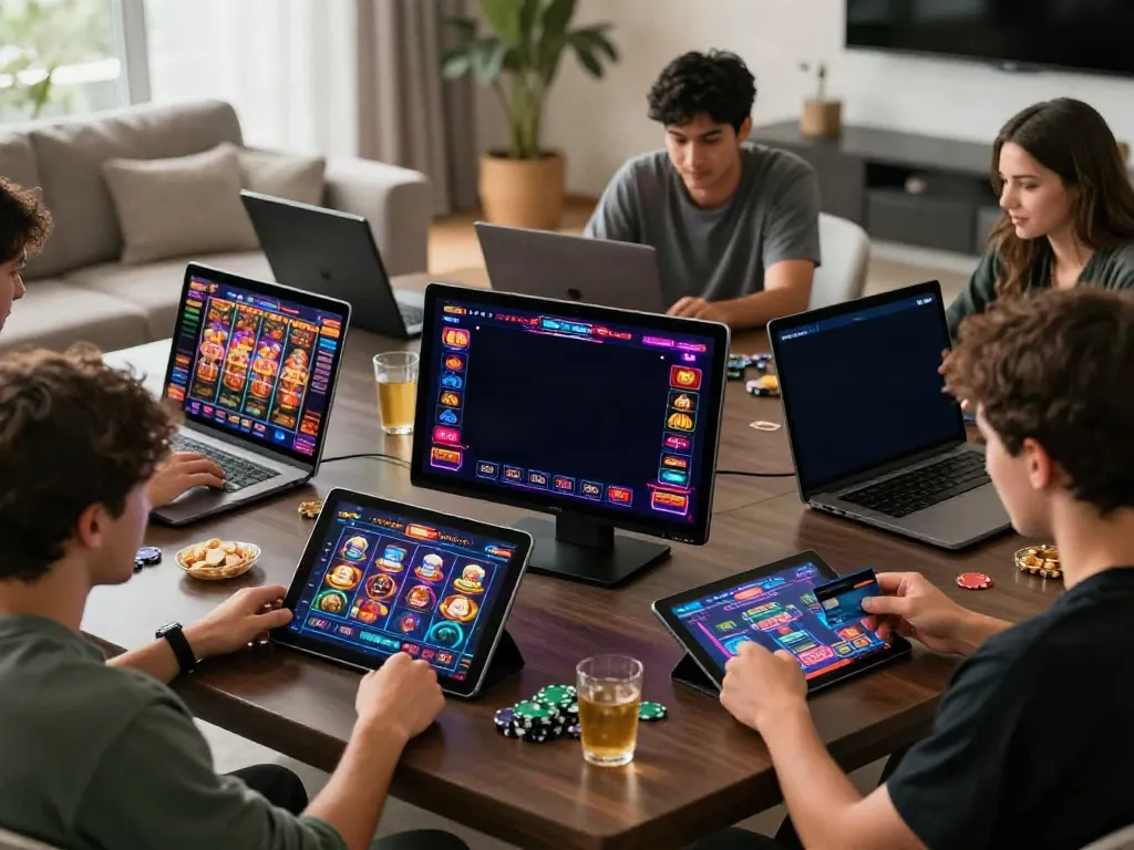Engaged players enjoying online credit card casinos in a stylish living room.