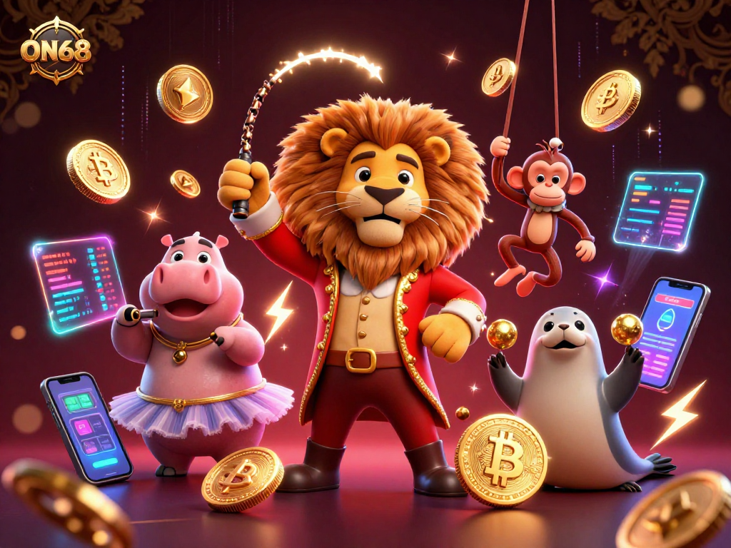 Experience ON68's lively gambling entertainment with cartoon characters and cryptocurrency elements.