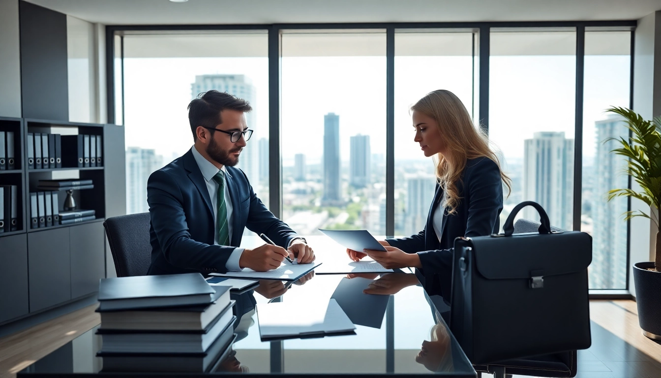 Business lawyer in the US collaborating with clients in a modern office in Miami, showcasing professionalism and trust.