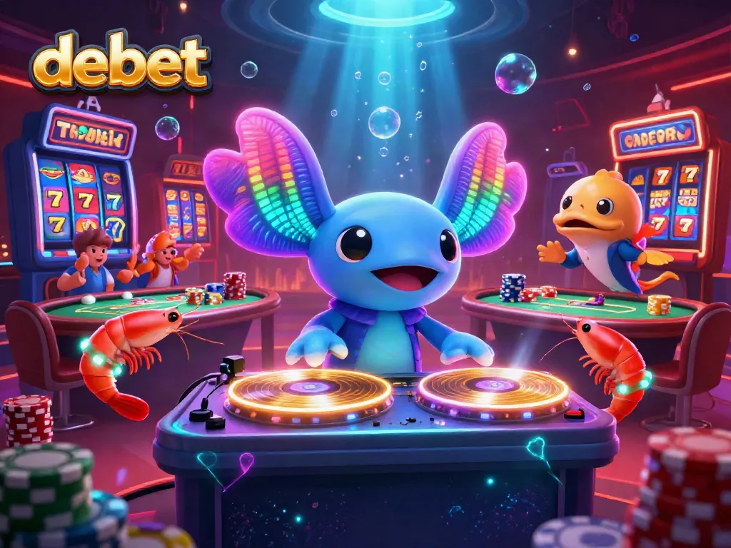 Experience debet with vibrant gaming elements featuring an axolotl DJ and lively sea creatures in a casino.