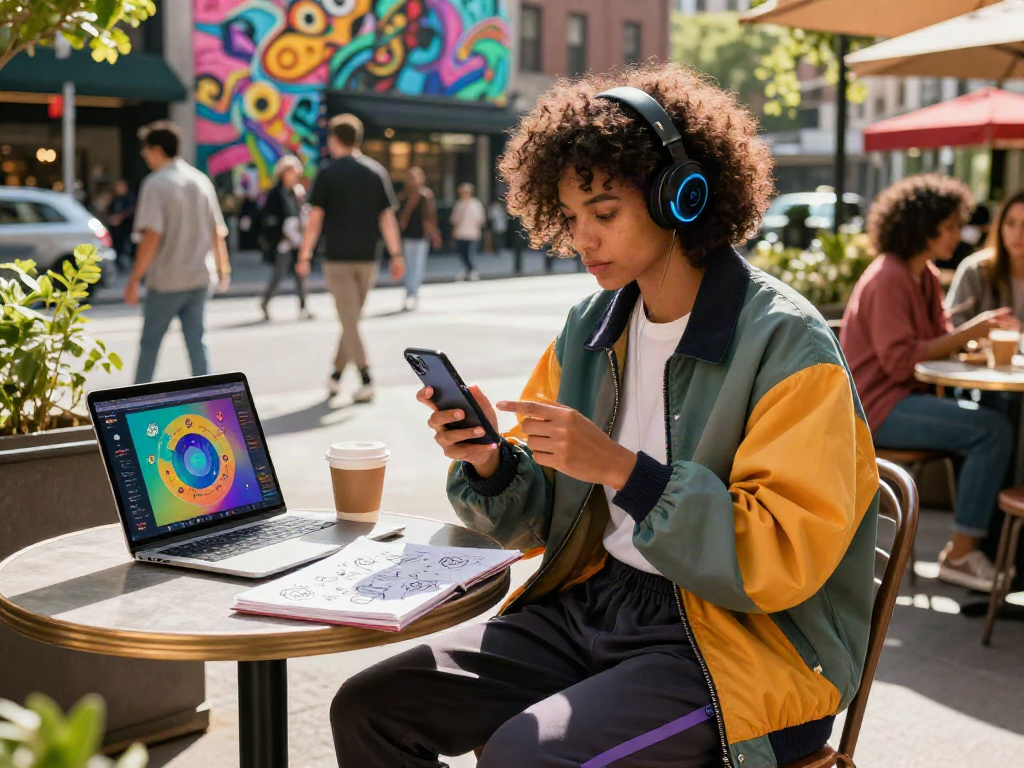 Engaging urban lifestyle scene depicting a person utilizing ai slut features while enjoying coffee, surrounded by fashionable elements.