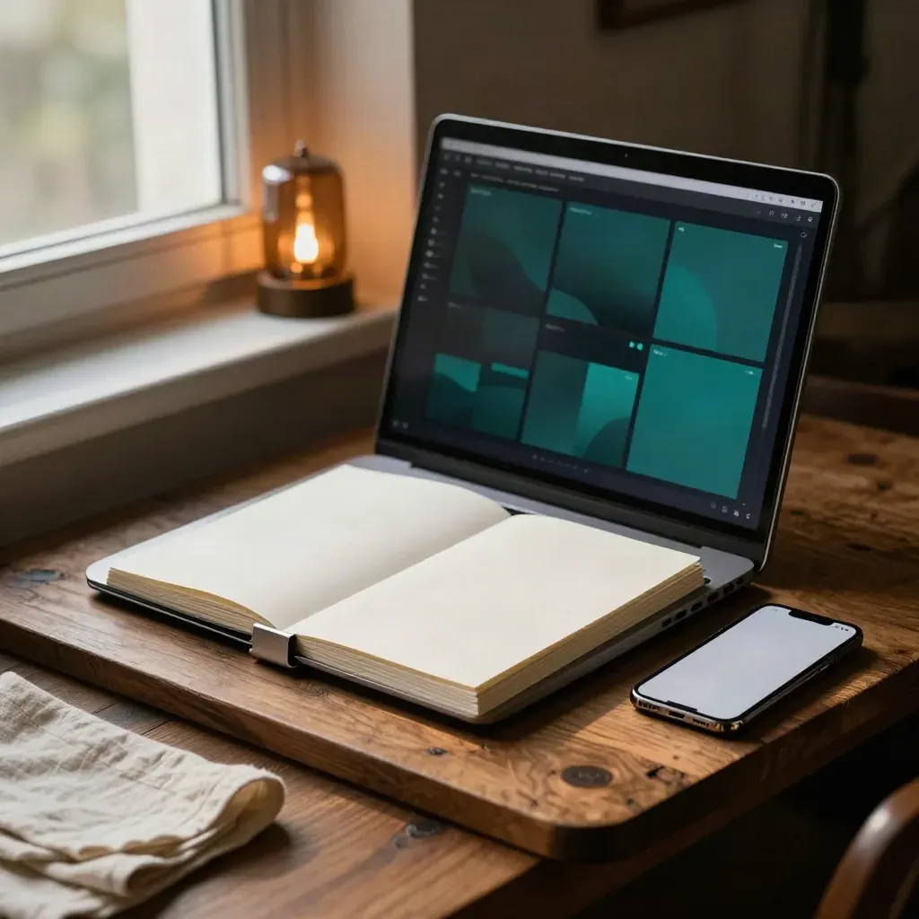 Open laptop, phone preview, and blank content cards on a warm oak workbench by a window.