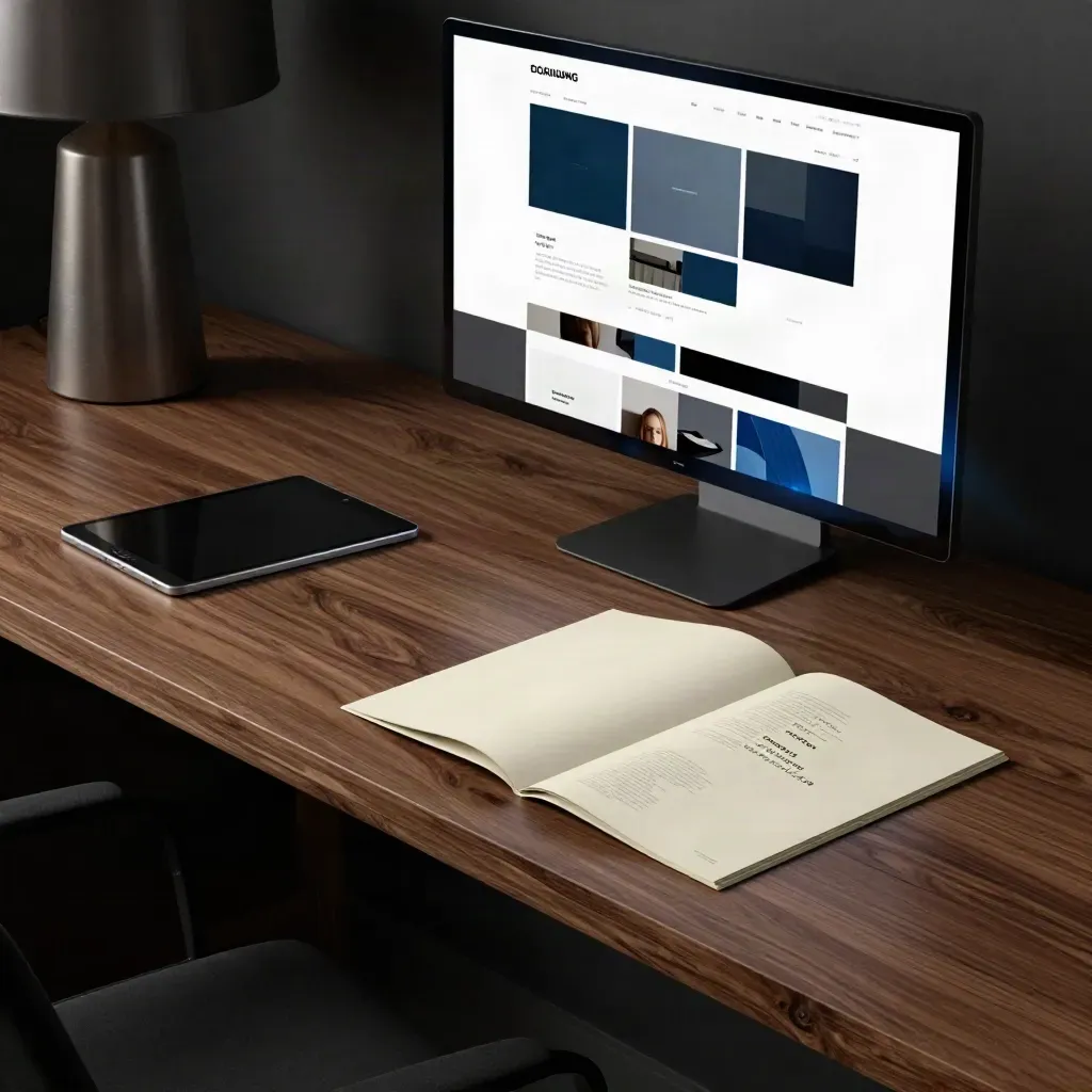 Dark studio still-life of a brochure-site setup with monitor, tablet, brochure mockup, and lamp base.
