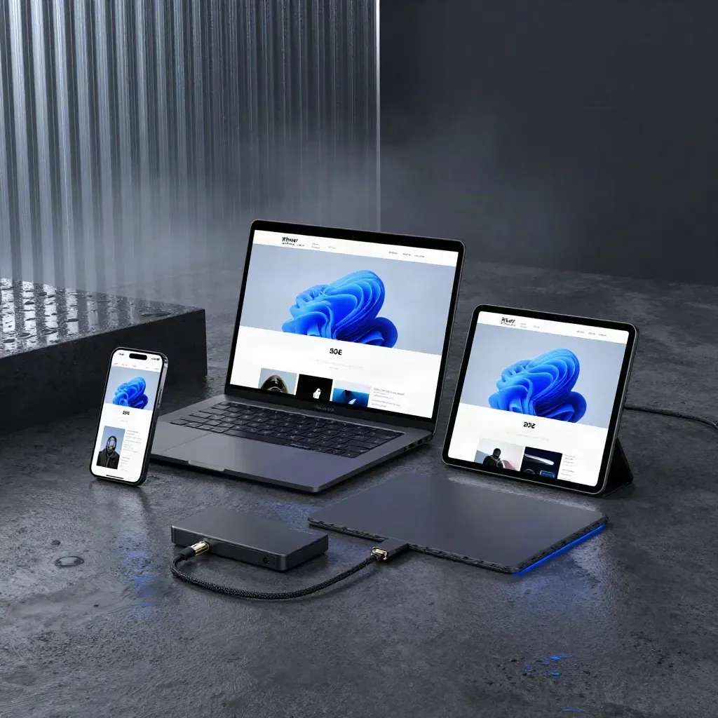 Moody blue-hour web development device tableau with glowing responsive layouts on a rain-damp studio floor.