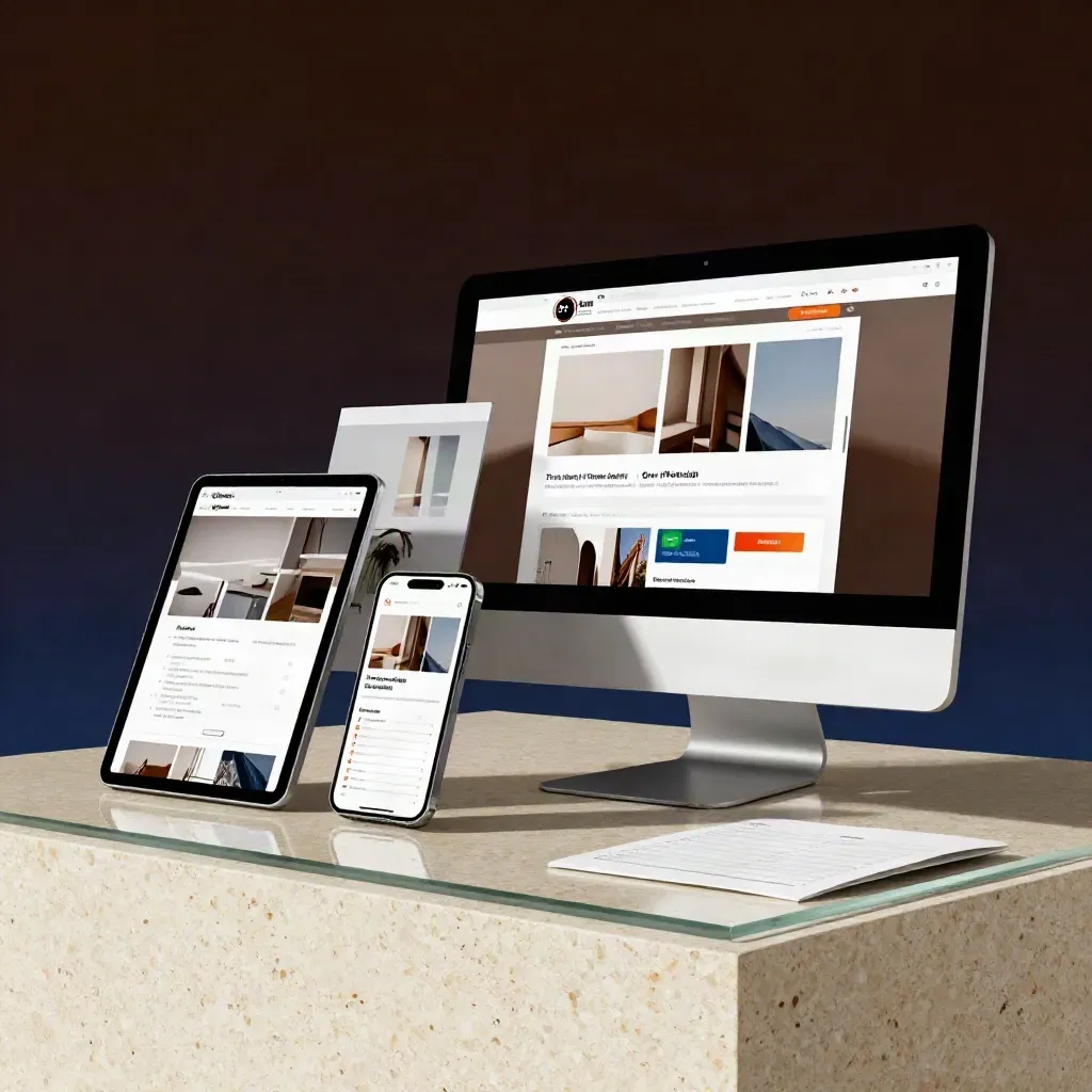 Tablet, phone, and desktop show a landing page layout beside a checklist card on travertine.