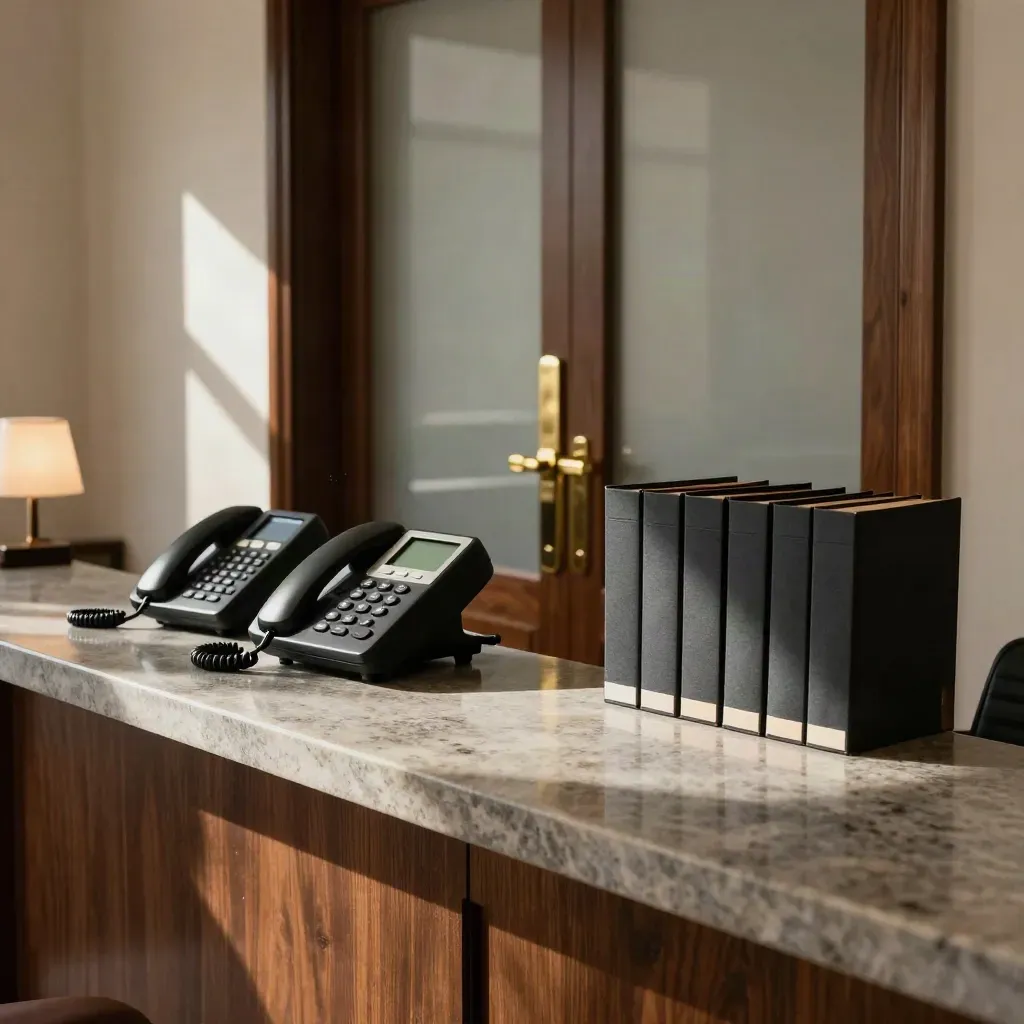 Empty law-office reception corner with glowing phones, brass handle and client folders.