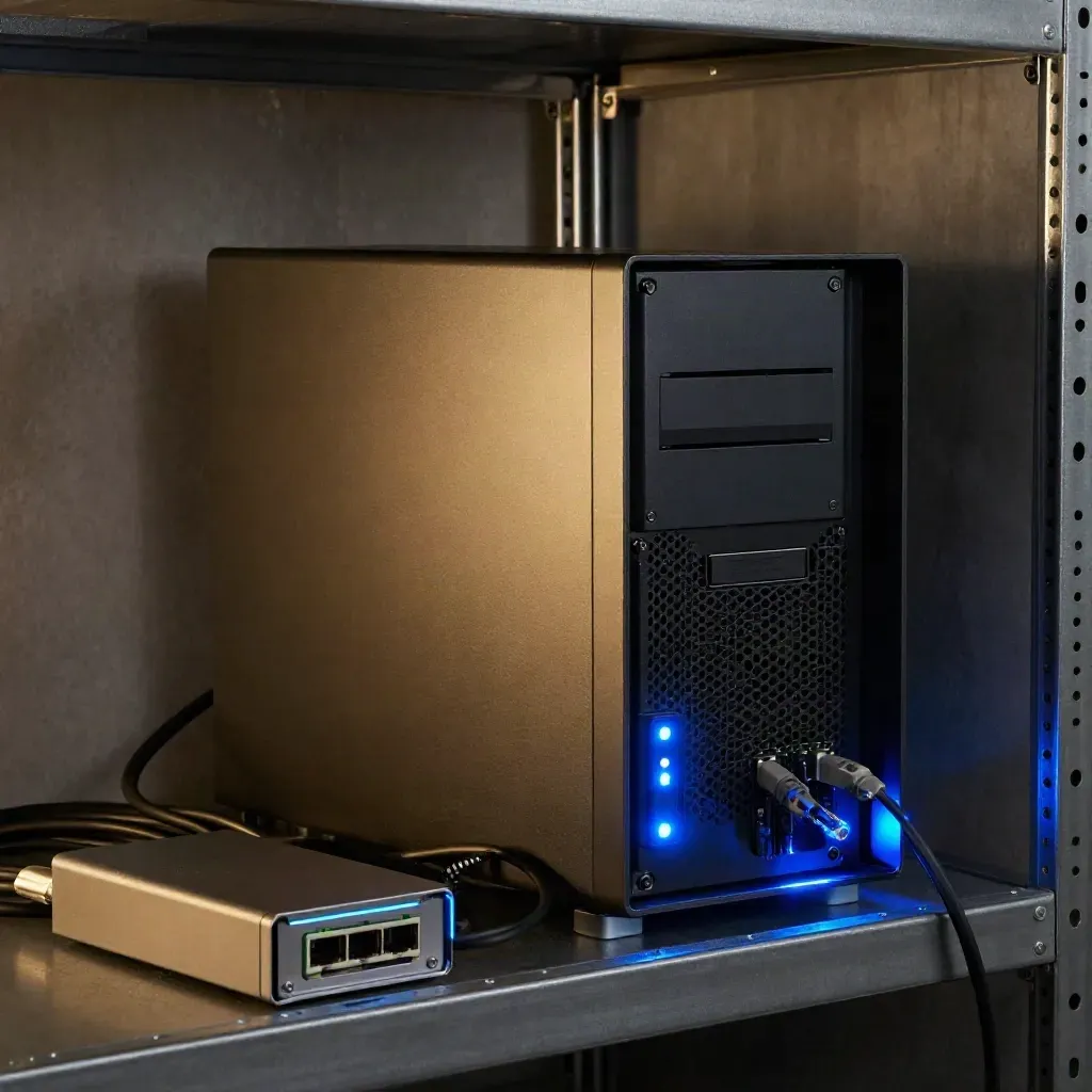 Server tower, backup drive and glowing network box on a dark maintenance shelf