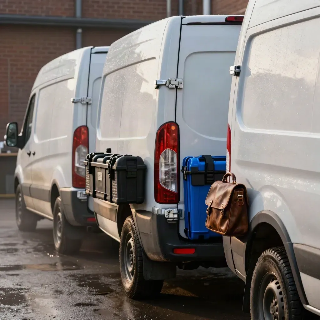 Three service vans outside a brick workshop with tool cases by the tailgate