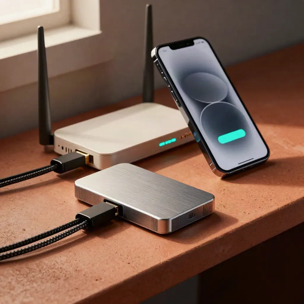 Fast SSD, cable clips, router and phone in a clean web performance setup.