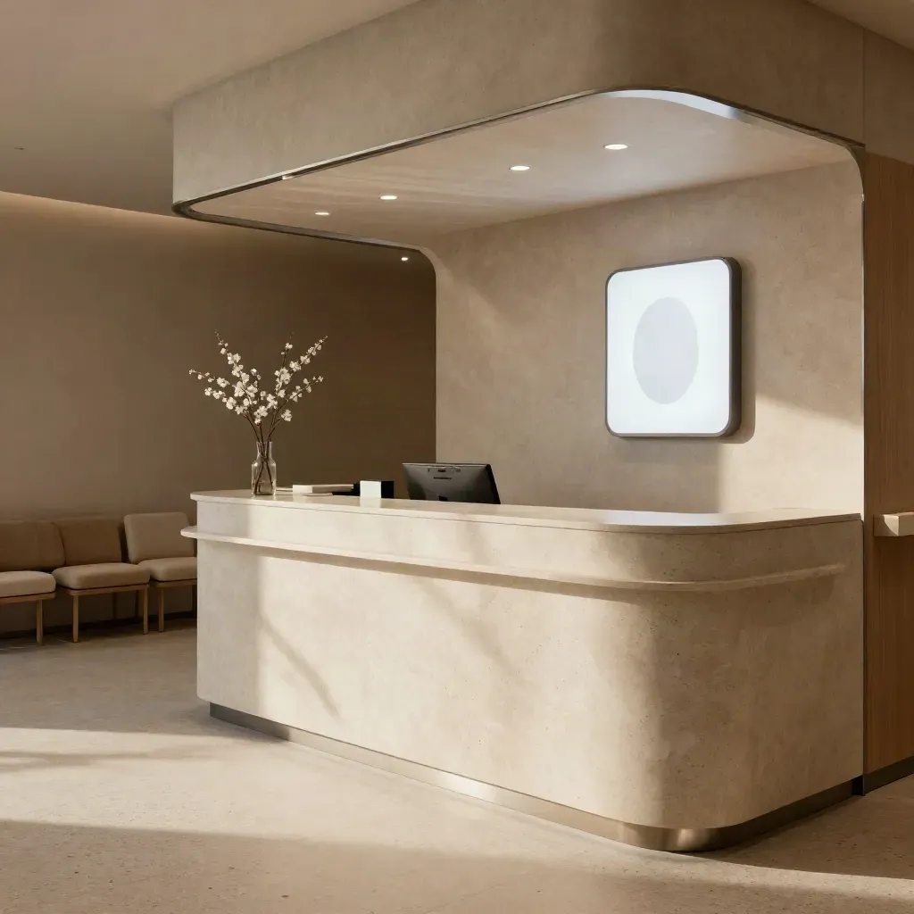 Empty clinic reception with glowing kiosk, white stems, and neat waiting seats in soft cinematic light.