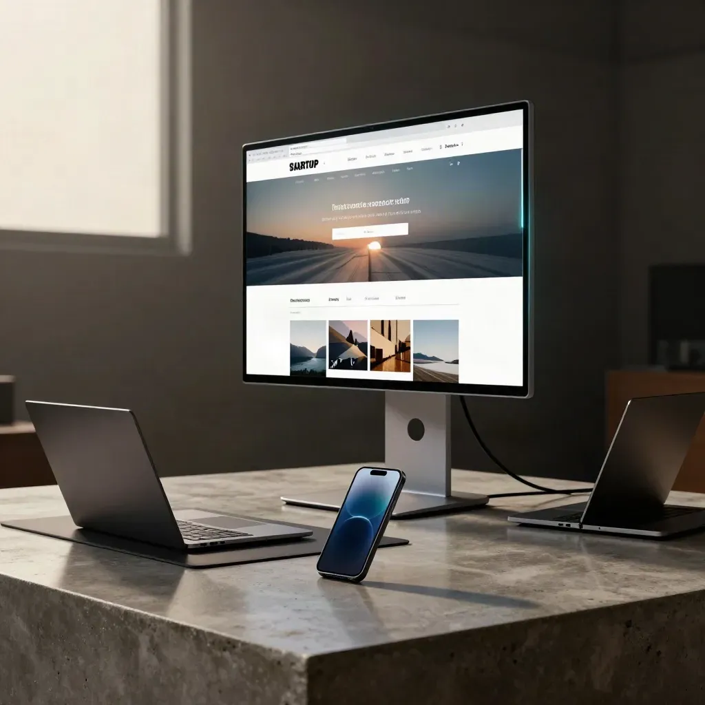 Glowing demo corner with monitor, docked phone, and closed laptops on a dark stage mat.