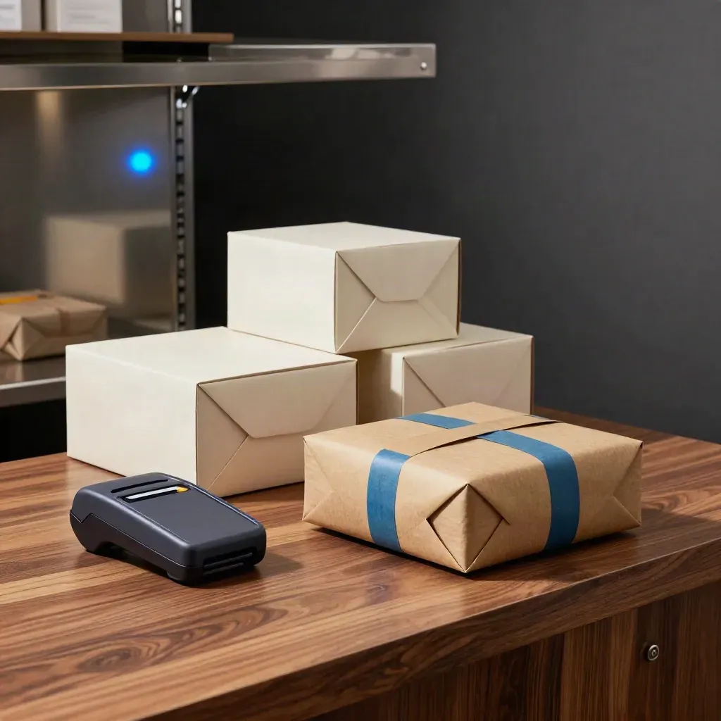 Checkout station with card reader, boxes and a parcel ready to ship.
