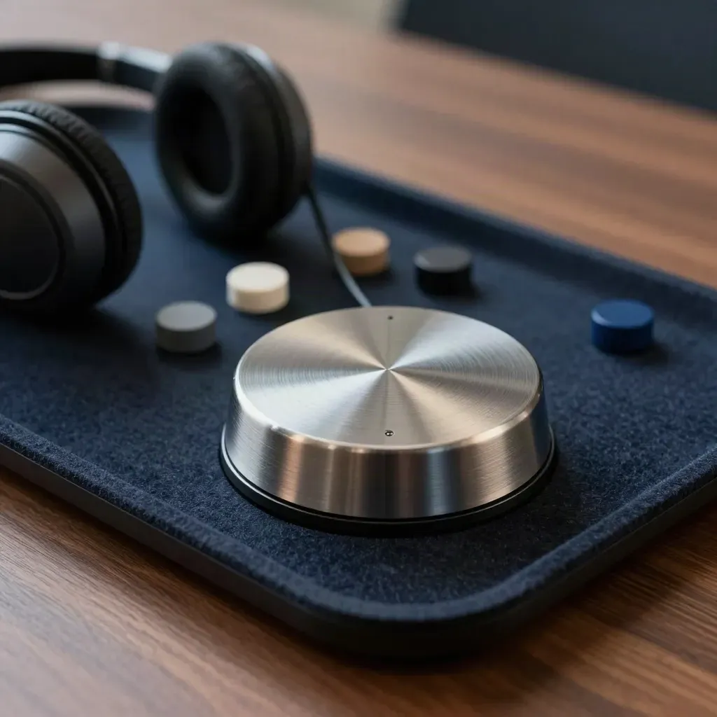 Macro of a conference speaker puck, headset and workflow tokens on a felt tray.
