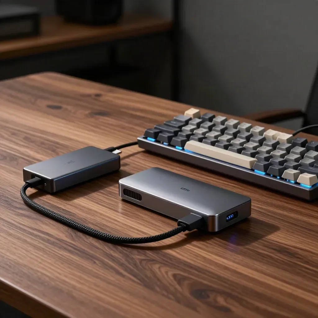 Low-lit web developer still life with keyboard, SSD, USB-C hub and braided cable on walnut.