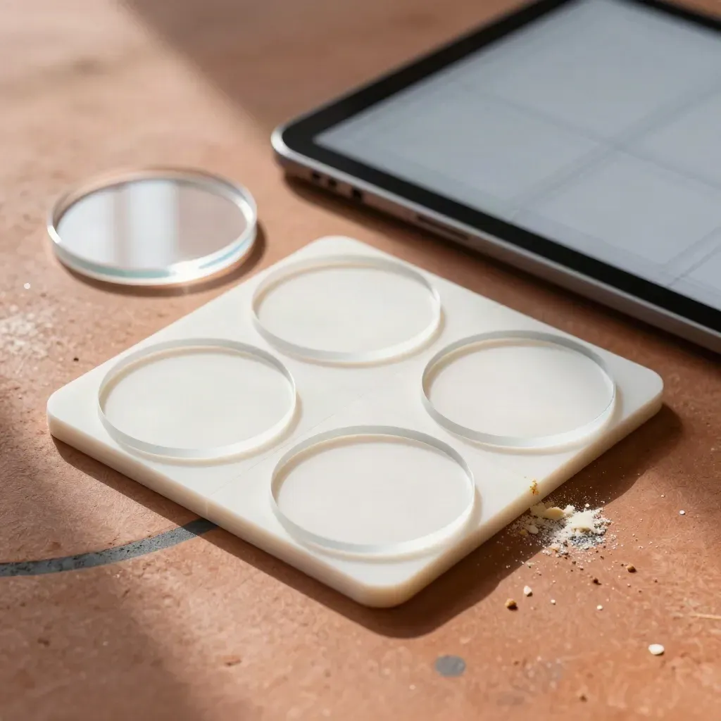 UX mockup tiles and acrylic circles arranged on terracotta clay beside a tablet edge.