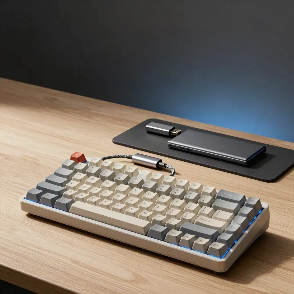 Keyboard, SSD, USB drive and cable on pale oak with cool blue glow