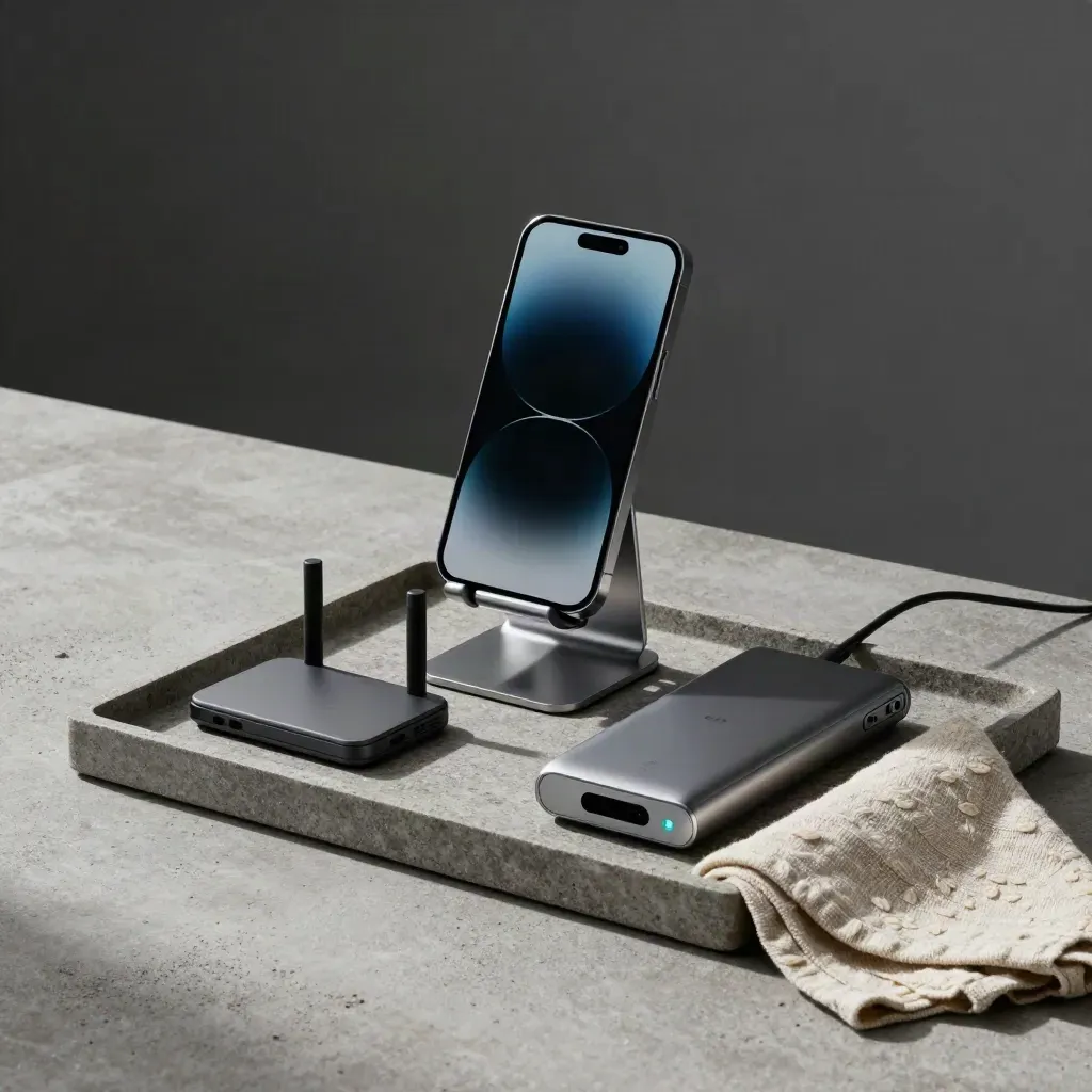 Smartphone on stand with router, hub and laptop edge on a stone tray