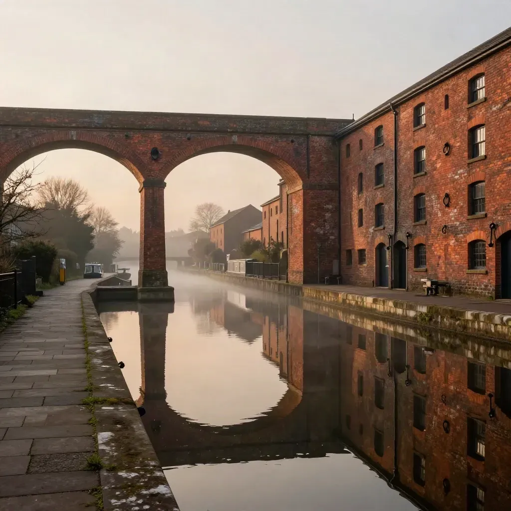 Midlands canal basin with brick viaducts, warehouse facades, and calm dusk water