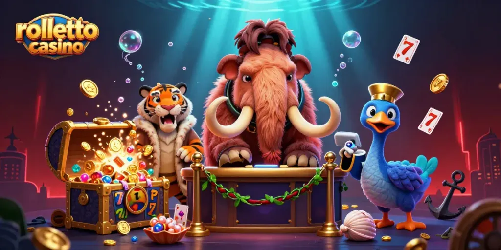 Experience rolletto casino vibes with a vibrant 3D scene featuring a mammoth bouncer, VIP saber-tooth guest and an adorable dodo.