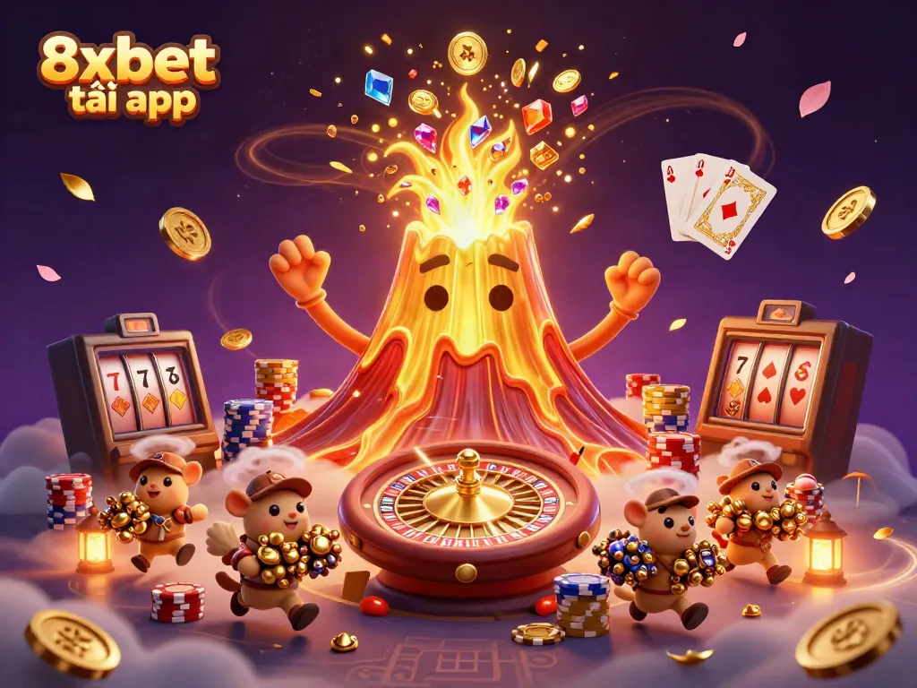 Experience the thrill with 8xbet tải app, featuring vibrant elements of a casino adventure with a volcano, treasure, and games.