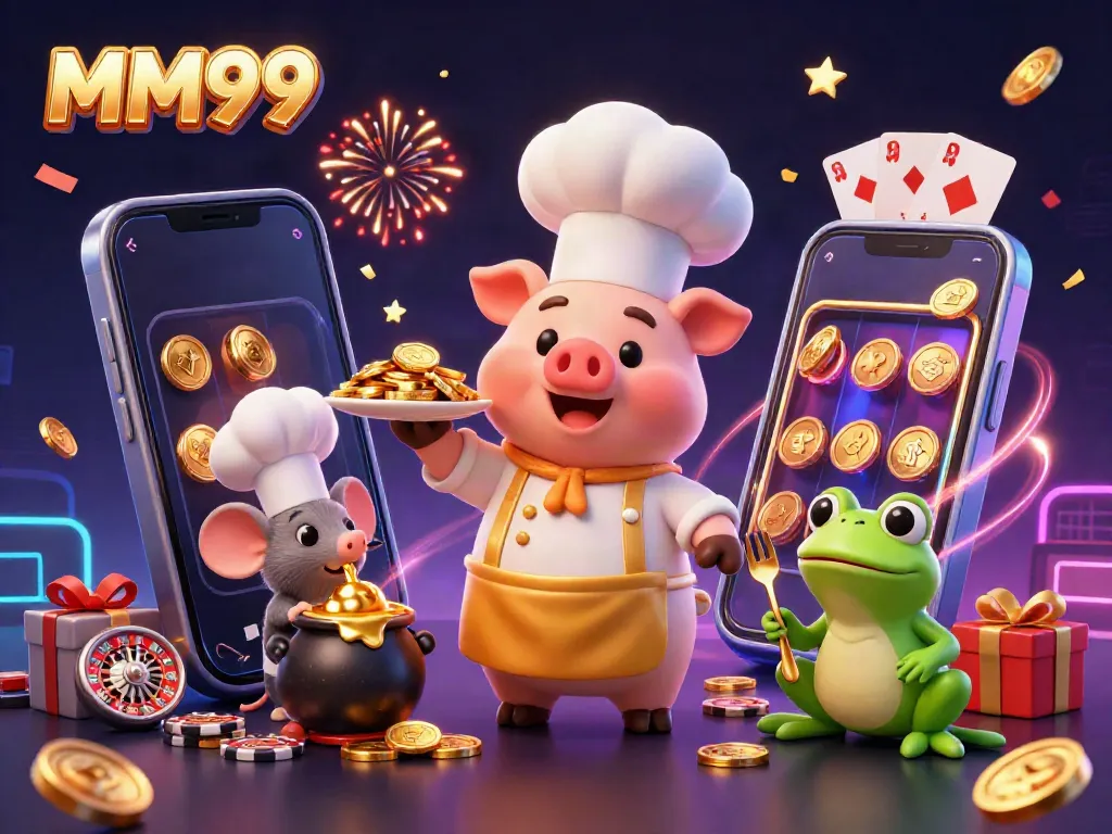 Engage with MM99 at a lively casino-themed scene featuring unique characters and gaming elements.