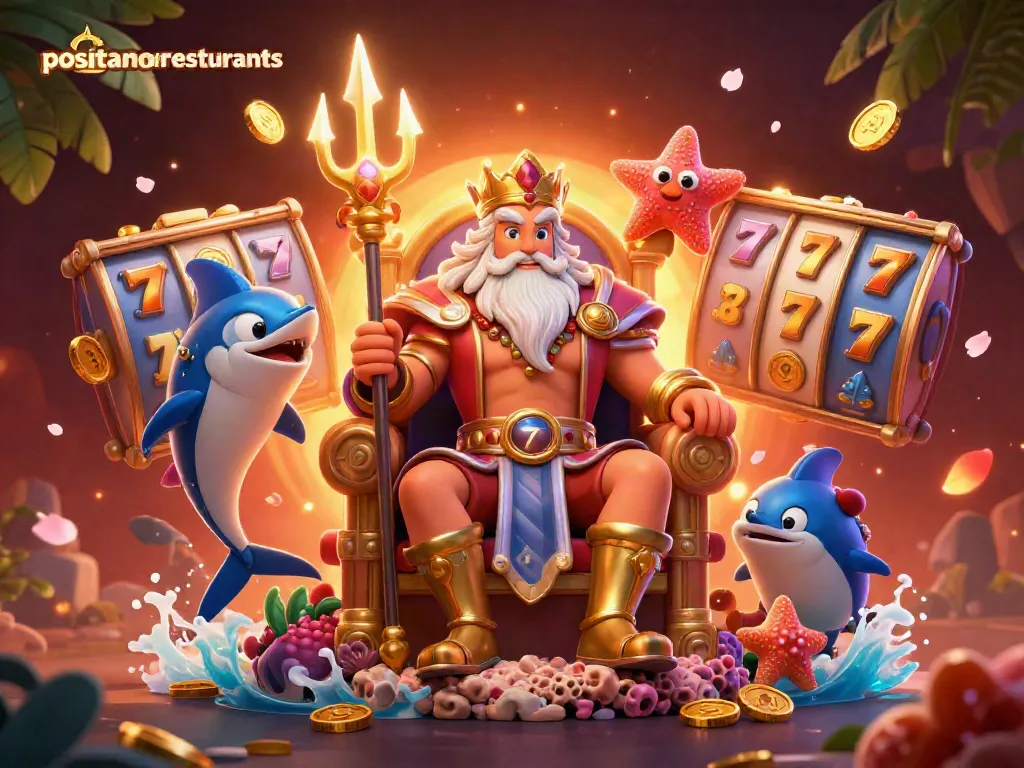Experience the excitement at positanorestaurants with Neptune and game elements in this vibrant casino scene.