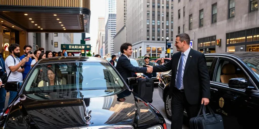 Chauffeur offering premier car service from nyc to clients outside a luxury hotel, showcasing elegance and professionalism.
