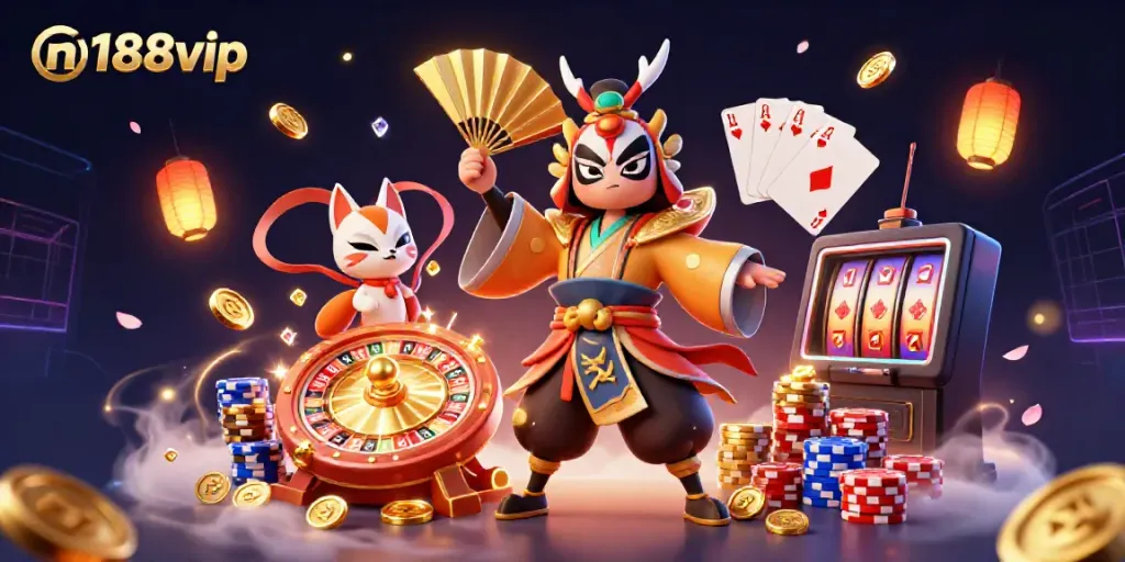 Join the excitement at n188vip with a dynamic scene of 3D characters celebrating casino wins amid golden coins.