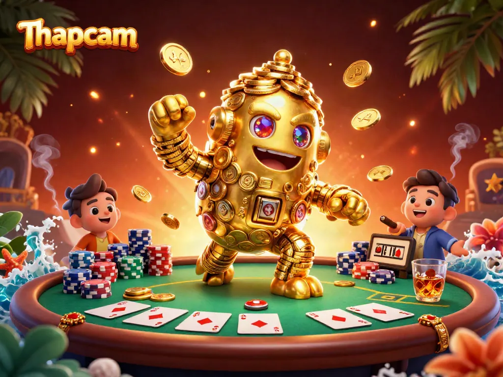 Experience Thapcam's captivating gameplay with a dynamic casino scene featuring a golden golem and poker elements.